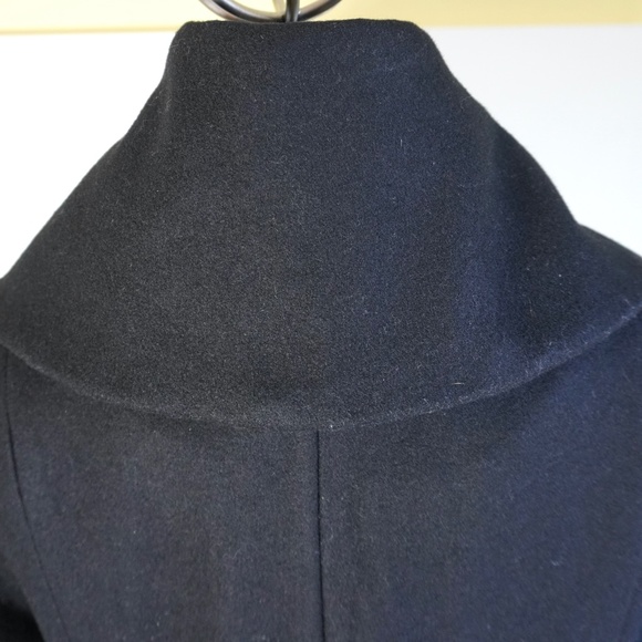 Retro Wool Coat Women Sz M Black Belted Wrap Style Knee Length Wide Collar - Picture 6 of 12